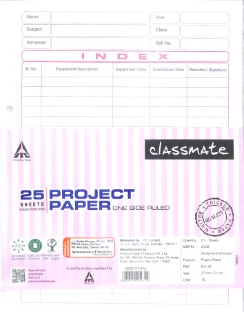 Stationery image 1 for Classmate Project Paper 25 Sheets One Side Ruled (27 X 21 Cm)